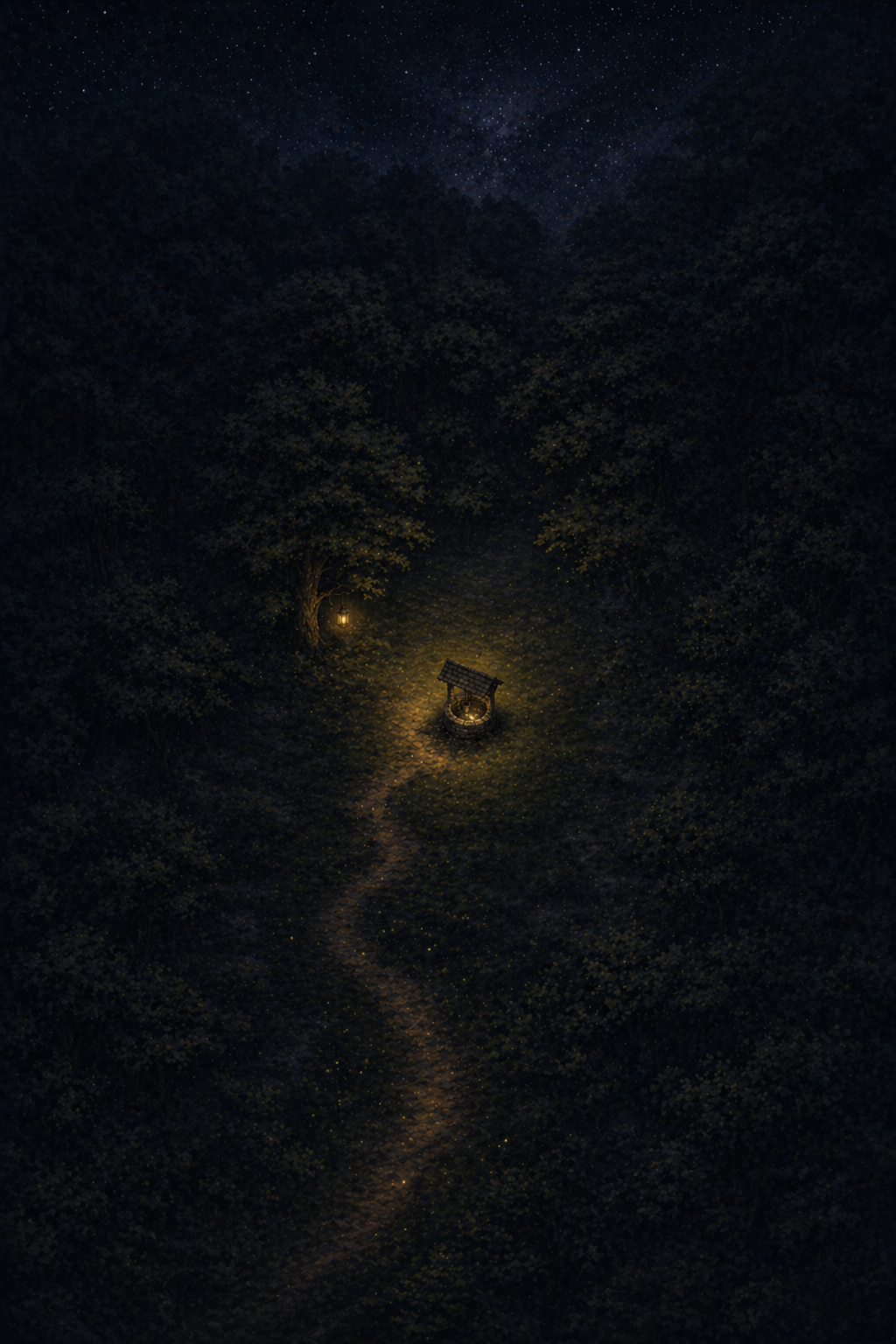 An aerial view of a winding forest path at night, leading through dark trees to a glowing wishing well in a clearing beneath a starry sky